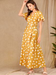 Polka Dot Knot Wrap Dress - Yellow - View 4