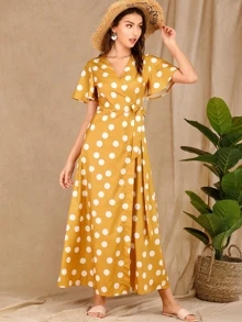 Polka Dot Knot Wrap Dress - Yellow - View 5