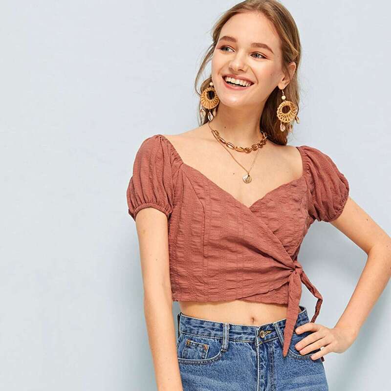 

Knot Side Surplice Crop Blouse, Red