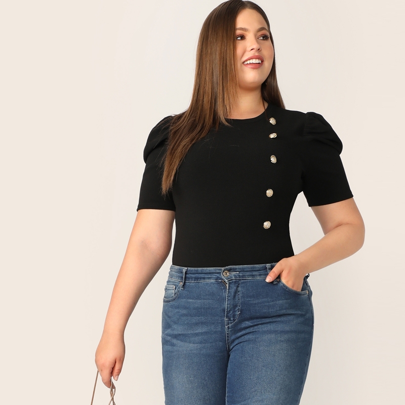 Plus Gold Button Detail Puff Sleeve Top, Black