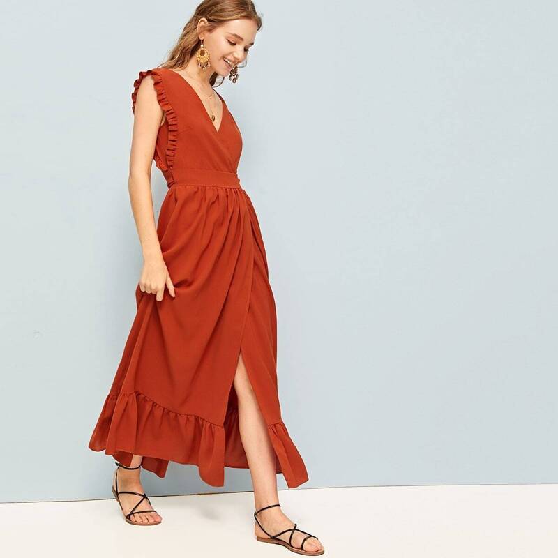 

Ruffle Hem Split Dress, Red