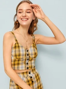 Plaid Print Cami Top With Skirt - Multicolor - View 5