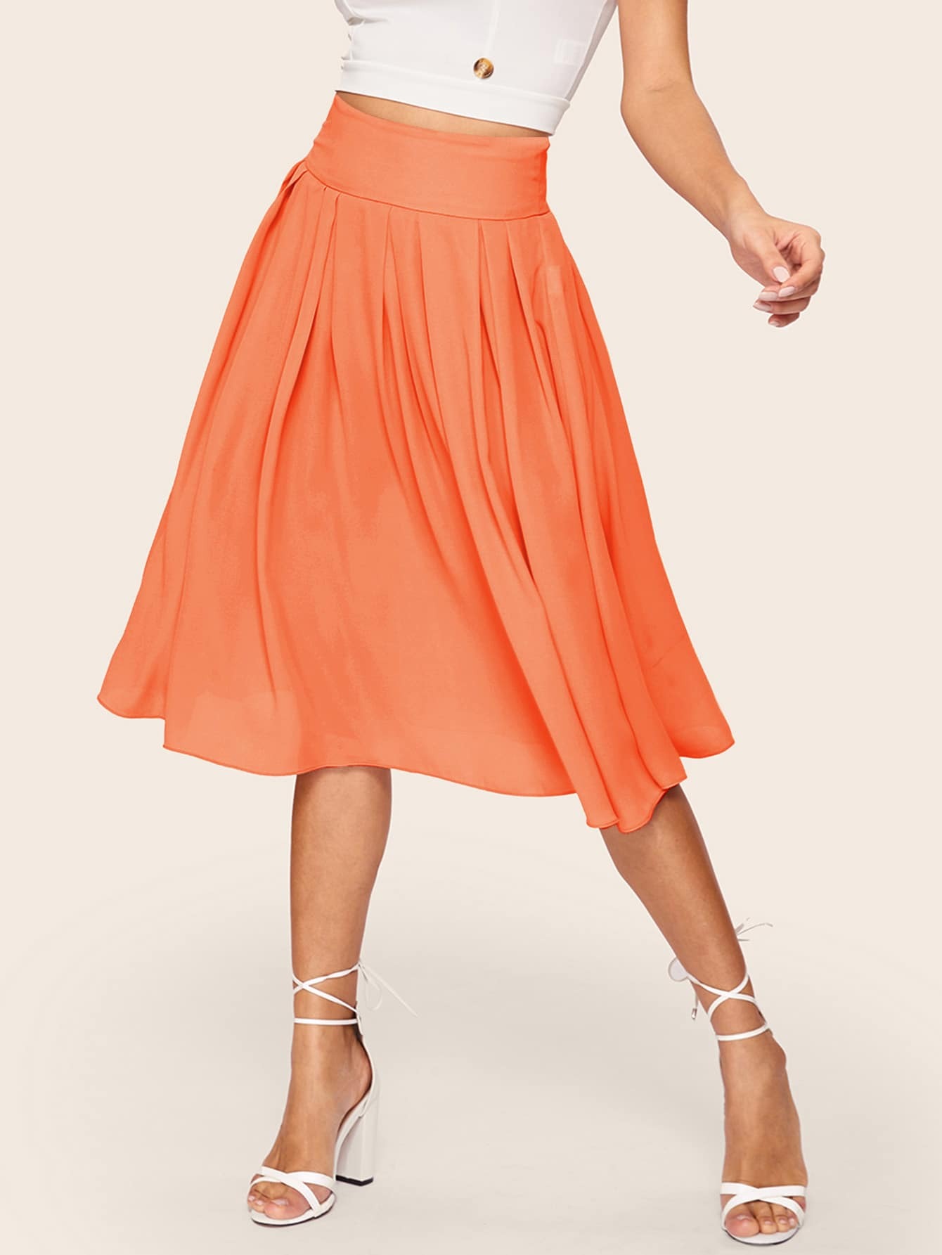 neon orange wide waistband pleated skirt | shein