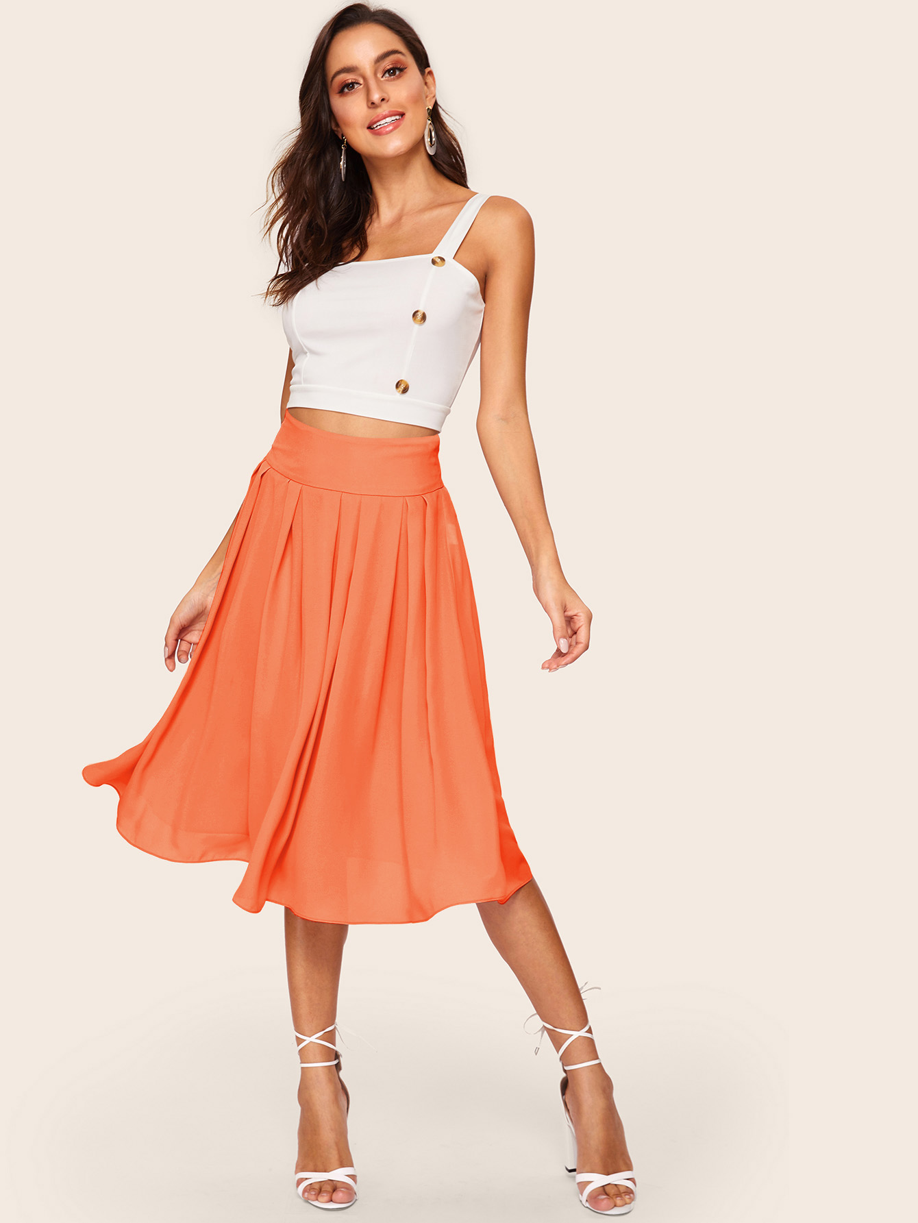 neon orange wide waistband pleated skirt | shein
