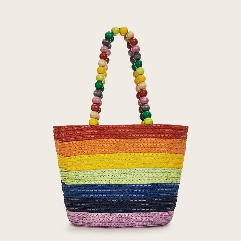 

Color-block Beaded Strap Tote Bag, Multicolor
