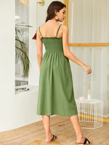 Button Front Shirred Cami Dress - Army Green - View 2