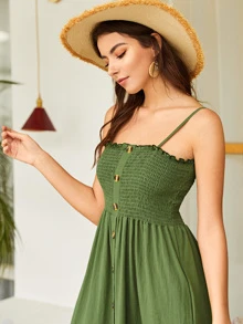 Button Front Shirred Cami Dress - Army Green - View 3