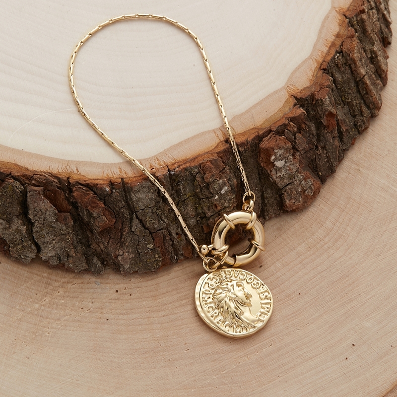 

Oversized Spring Clasp Coin Charm Bracelet, Gold