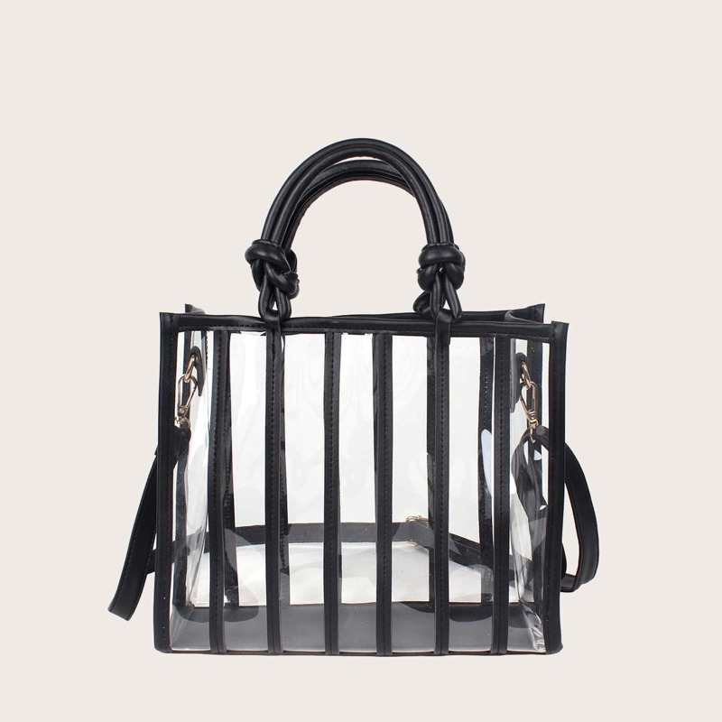 

Striped Design Clear Satchel Bag, Black and white