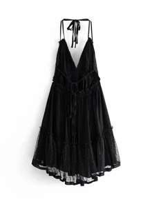 Aveloria Rosie 蕾絲面提花網紗繞脖洋裝 - 黑色 - 查看 2