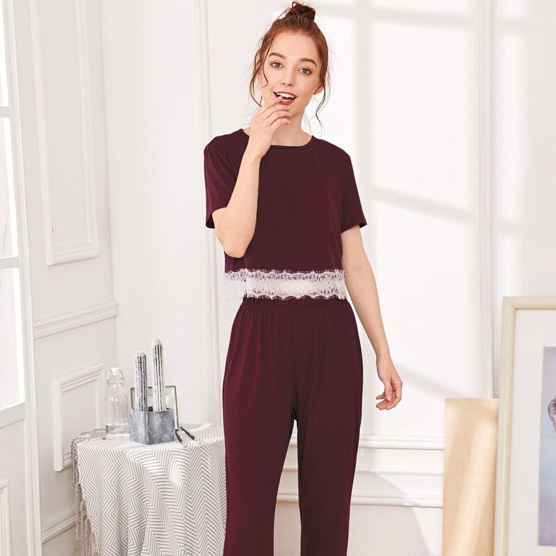 

Lace Trim Top & Pants PJ Set, Burgundy
