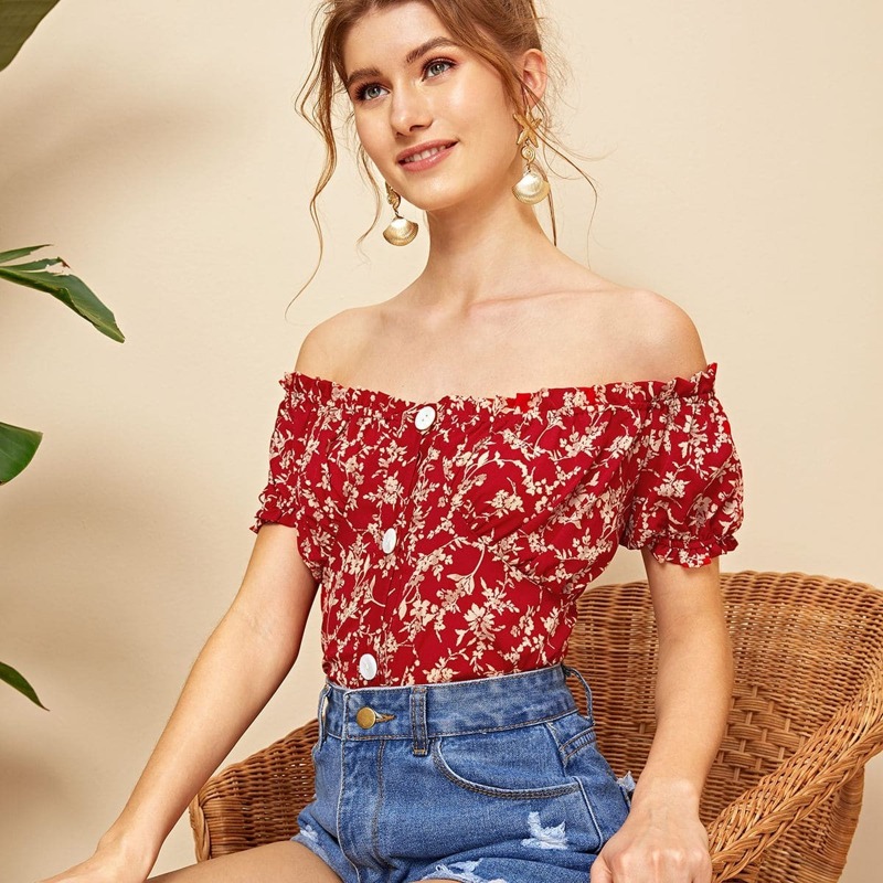 

Ditsy Floral Button Front Off Shoulder Blouse, Multicolor