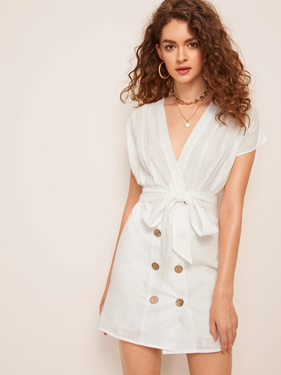 Double Breasted Belted Dress - White - View 1