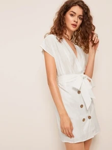 Double Breasted Belted Dress - White - View 5