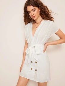 Double Breasted Belted Dress - White - View 3