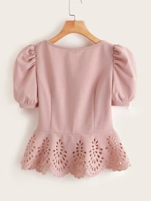 SHEIN Clasi Button Front Puff Sleeve Laser Cut Hem Blouse - Dusty Pink - View 2