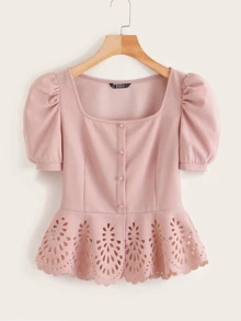 SHEIN Clasi Button Front Puff Sleeve Laser Cut Hem Blouse - Dusty Pink - View 1