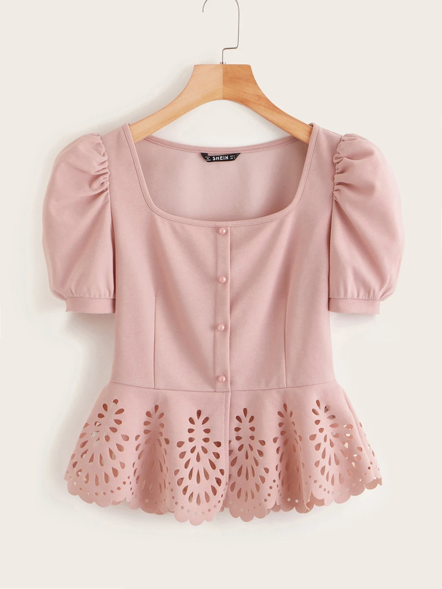 SHEIN Clasi Button Front Puff Sleeve Laser Cut Hem Blouse - Dusty Pink - View 1