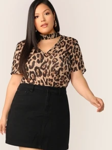 SHEIN Plus Choker Neck Leopard Top - Multicolor - View 1