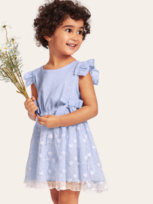 Toddler Girls Bow Front Embroidered Mesh Overlay Dress