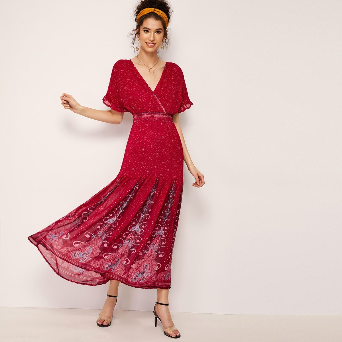 Dot Print Surplice Neck Flippy Hem Maxi Dress