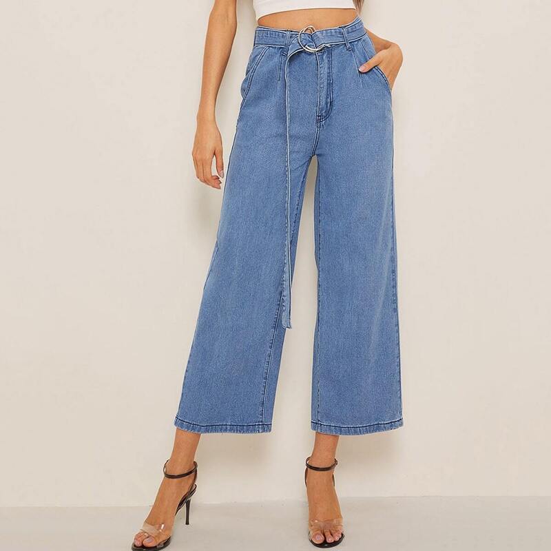 

Ring Belted Wide Leg Denim Jeans, Blue