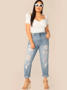 SHEIN Privé Plus Puff Sleeve Wrap Front Bodysuit - White - View 5