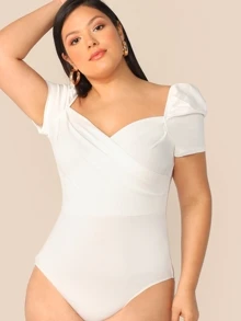 SHEIN Privé Plus Puff Sleeve Wrap Front Bodysuit - White - View 3