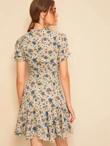 SHEIN Frill Neck Button Up Ruffle Hem Floral Tea Dress - Multicolor - View 2