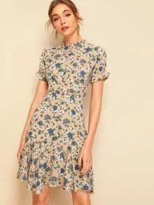 SHEIN Frill Neck Button Up Ruffle Hem Floral Tea Dress - Multicolor - View 4