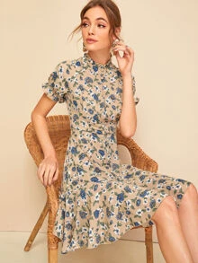 SHEIN Frill Neck Button Up Ruffle Hem Floral Tea Dress - Multicolor - View 1