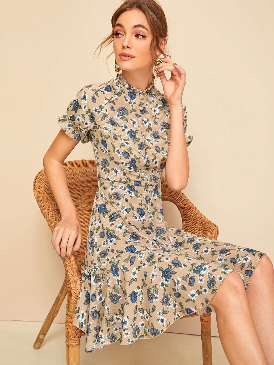 SHEIN Frill Neck Button Up Ruffle Hem Floral Tea Dress - Multicolor - View 1