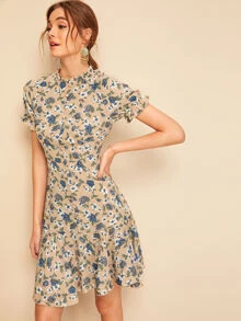 SHEIN Frill Neck Button Up Ruffle Hem Floral Tea Dress - Multicolor - View 5