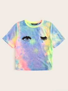 SHEIN VCAY Tie-Dye Wash Eyelash Graphic Tee - Multicolor - View 3