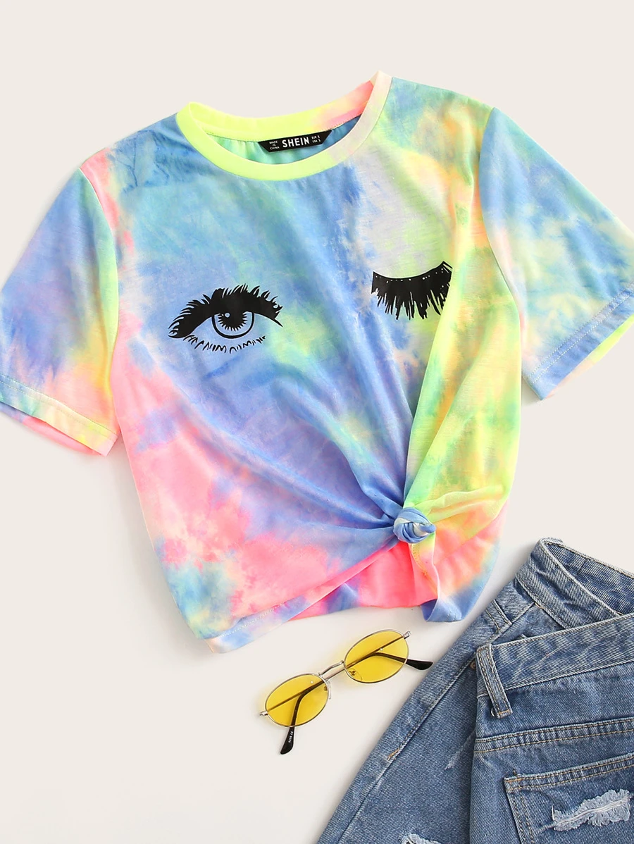 SHEIN VCAY Tie-Dye Wash Eyelash Graphic Tee - Multicolor - View 1