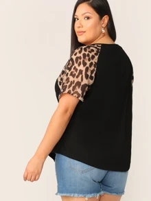 SHEIN LUNE Top de manga raglán de leopardo escote V-grande - Negro - Ver 2