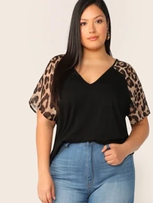 SHEIN LUNE Top de manga raglán de leopardo escote V-grande - Negro - Ver 1