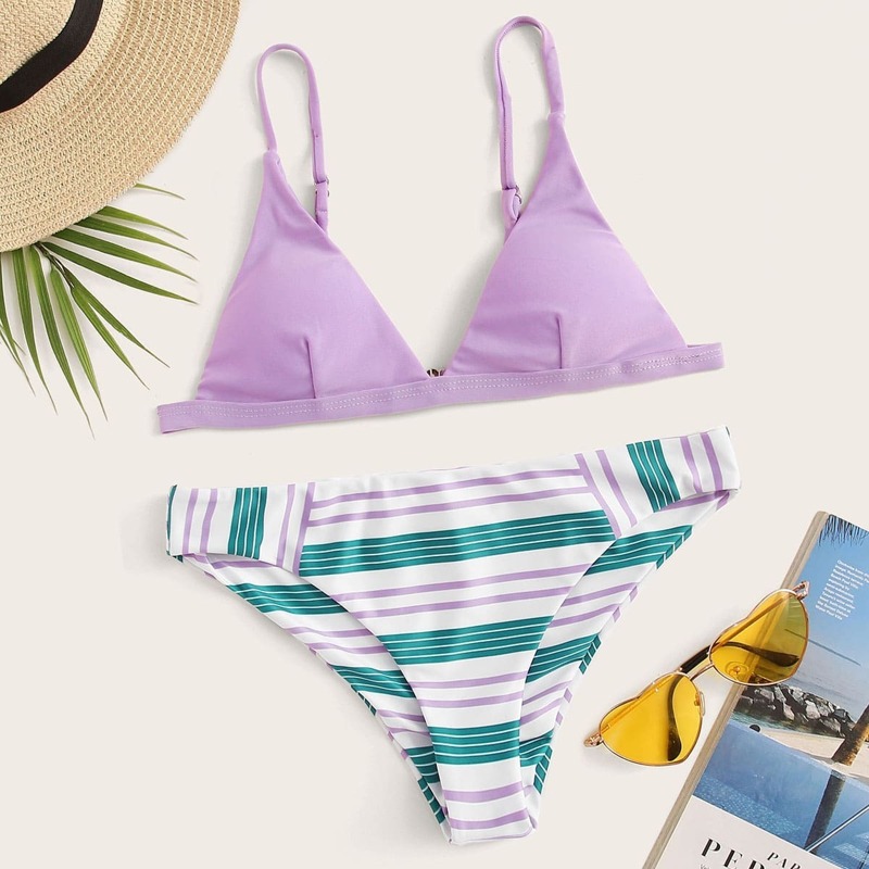 

Triangle Top With Striped Panty Bikini Set, Multicolor