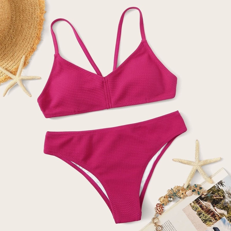 

Textured Strappy Top With Panty Bikini Set, Pink