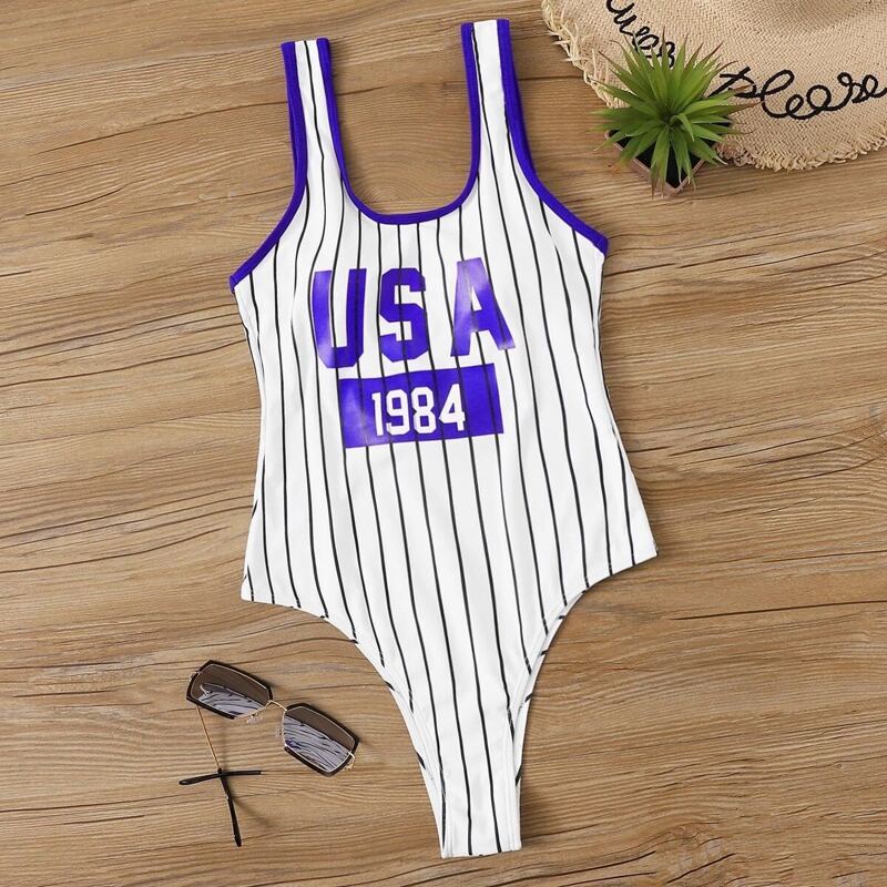 

Letter & Striped Contrast Binding One Piece Swim, Multicolor