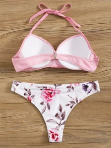 SHEIN Swim Summer Beach Floral Print Bikini Set Knot Front Push Up Bra & Bikini Bottom 2 Piece Bathing Suit - Dusty Pink - View 2