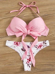 SHEIN Swim Summer Beach Floral Print Bikini Set Knot Front Push Up Bra & Bikini Bottom 2 Piece Bathing Suit - Dusty Pink - View 3