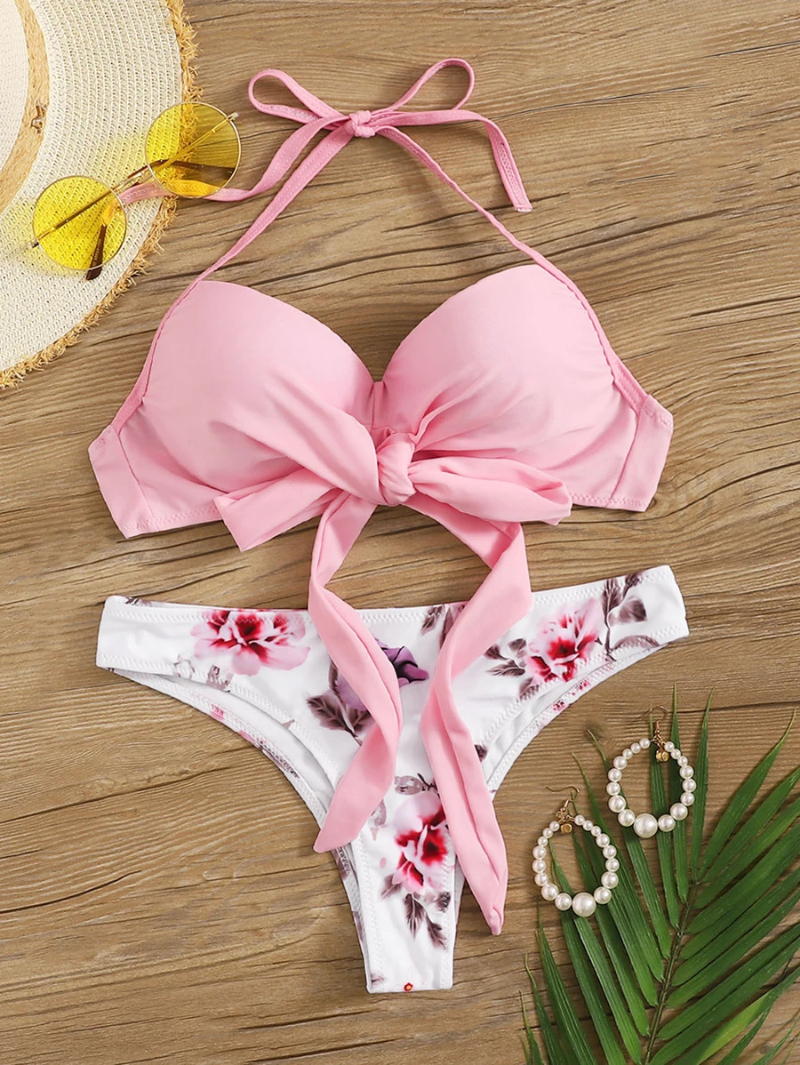 SHEIN Swim Summer Beach Floral Print Bikini Set Knot Front Push Up Bra & Bikini Bottom 2 Piece Bathing Suit - Dusty Pink - View 1