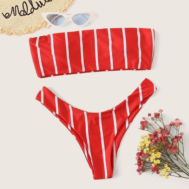 

Striped Bandeau With High Leg Bikini Set, Red