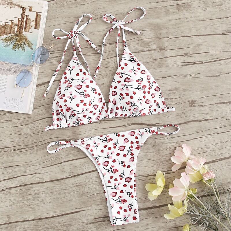 

Calico Print Triangle Top With Tanga Bikini Set, Multicolor