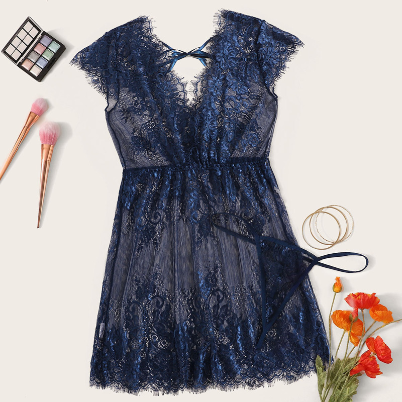 

Eyelash Lace Dress With Thong, Navy blue