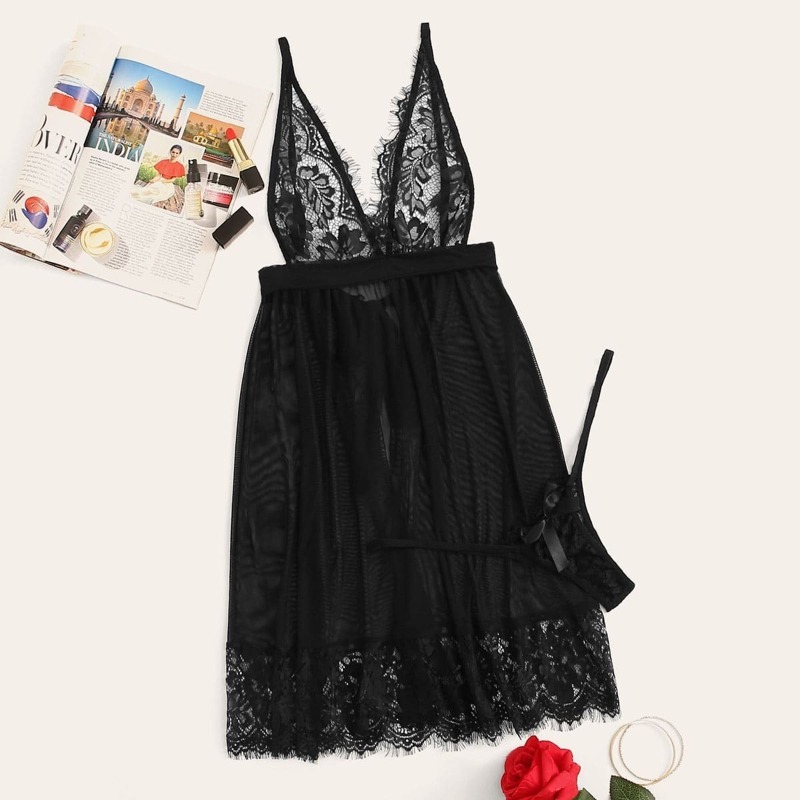 

Contrast Lace Split Slips With Thong, Black