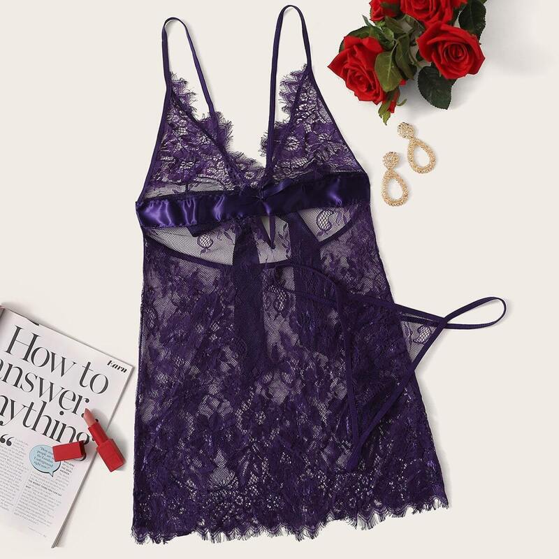 

Eyelash Floral Lace Dress With Thong, Purple