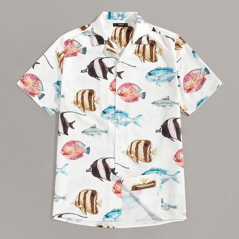 

Guys Button Front Fish Print Shirt, Multicolor