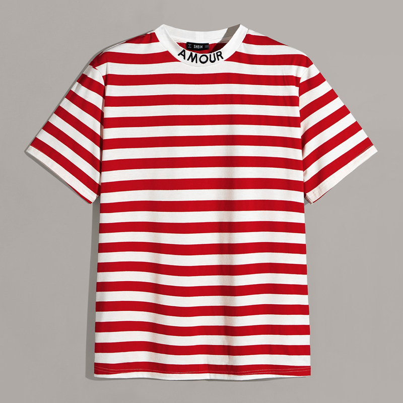 

Guys Letter Embroidered Neck Striped Top, Red